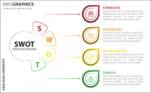 Fototapeta SWOT analysis infographic. Vector illustration for strategic business planning. Comparison chart. Advantages and Disadvantages of company. Infographic design template. Vector illustration. SWOT icon