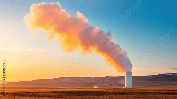 Fototapeta Geothermal power plant releasing steam against a vibrant sunset sky, symbolizing clean energy and sustainable practices