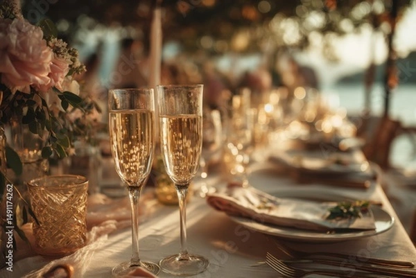 Fototapeta Champagne Flutes on Elegant Table Setting, Celebrating Luxury Lifestyle and Special Occasion, Perfect for Wedding Invitation or Event Planning : Generative AI