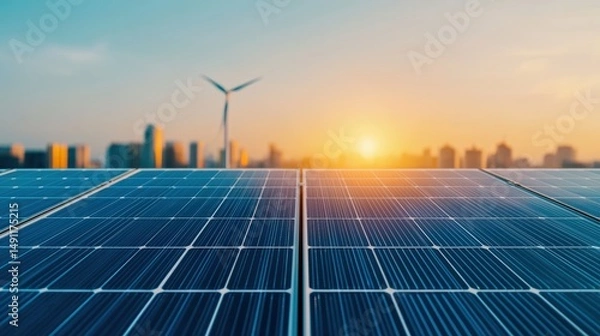 Fototapeta Solar panels are capturing sunlight in a futuristic cityscape with wind turbines and skyscrapers at sunset, symbolizing sustainable and eco-friendly urban development