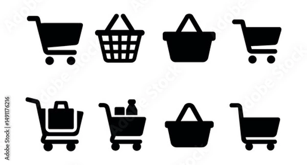 Fototapeta Solid style icons of shopping cart and basket: standard shopping cart, wire basket icon, filled basket, mini cart, checkout cart, pushcart with items, basket handle, rolling cart.