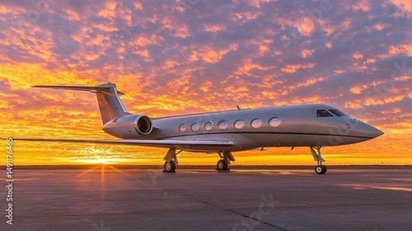 Fototapeta Luxury jet parked under a stunning sunset with vibrant colors and dramatic cloud patterns in the sky