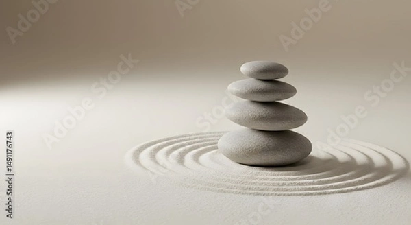 Fototapeta Stacked Zen Stones on Raked Sand with Circular Patterns
