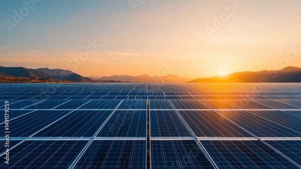 Fototapeta Solar farm at sunset showcasing renewable energy, green infrastructure, and sustainable power generation