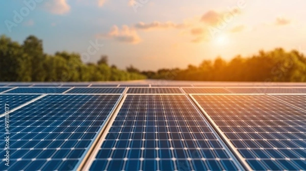 Fototapeta Solar panels efficiently capturing sunlight at sunset, showcasing renewable energy solutions and green infrastructure for a sustainable future