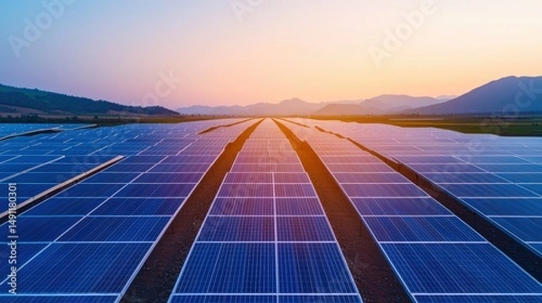 Fototapeta Rows of solar panels stretch into the distance, absorbing the warm glow of the setting sun, highlighting renewable energy and sustainable power generation