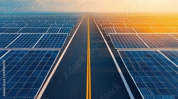 Fototapeta Highway through endless solar panels field showcasing renewable energy under a vibrant sunset sky