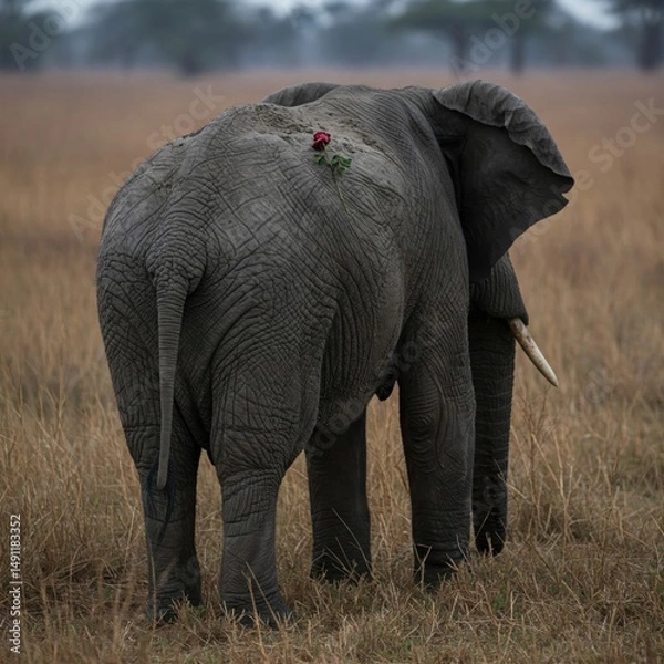Fototapeta An elephant on the savannah with a rose on its back.