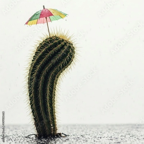 Fototapeta Cactus in the rain with an umbrella from drops.