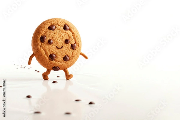 Fototapeta Funny cookies on chocolate legs follow the tracks. Space for text.