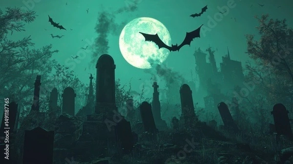 Obraz Spooky Halloween graveyard scene with full moon, bats, and old tombstones under a misty night sky.