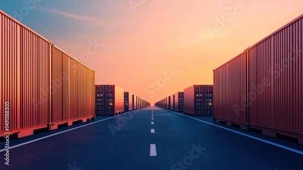Obraz Rows of shipping containers line a highway at sunset, symbolizing a futuristic, ai-driven, and sustainable logistics operation