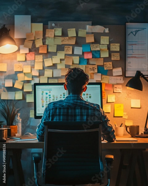 Fototapeta Creative workspace illuminated by warm light, featuring a person focused on a computer surrounded by sticky notes and planning materials in the evening