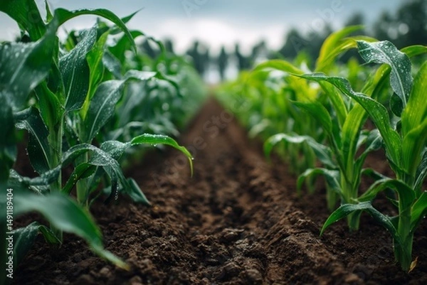 Fototapeta Rows of vibrant, young corn plants stretch across a farm field after a rain shower, focusing on fertile soil