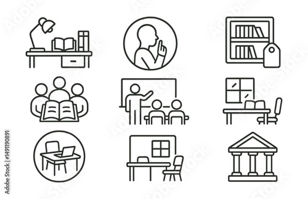 Obraz Line style icons of learning environments: study space icon, quiet area badge, library tag, group study file, classroom environment board, study room chart, productive space bubble, academic setting