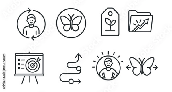 Fototapeta Line style icons of life transformation: life change icon, transformation badge, new beginnings tag, breakthrough session file, life goals board, path to success chart, empowered self bubble,