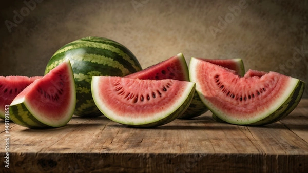 Fototapeta Juicy sliced watermelon on rustic wooden table background in natural light setting