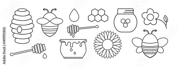 Fototapeta Honey line icon, bee and honeycomb outline design, beehive and jar, wax cell, flower and hexagon black silhouette set isolated on white background. Sweet taste farm product. Simple vector illustration
