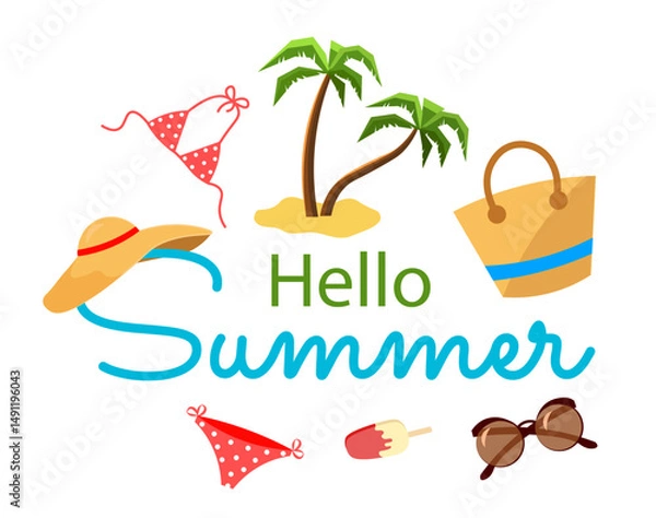 Fototapeta Text hello summer on a white background. Hat, sunglasses, palm trees, swimsuit, ice cream