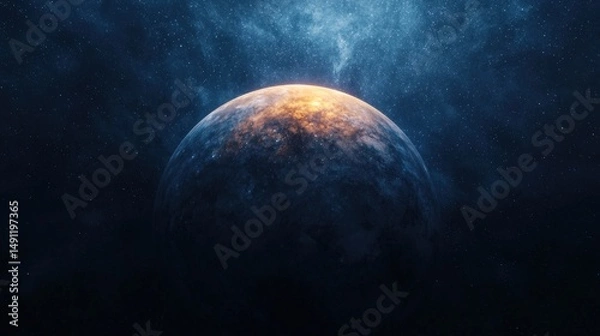 Fototapeta Partially illuminated exoplanet rising above the horizon, surrounded by a luminous, glowing atmosphere, with a starry backdrop and ample copy space