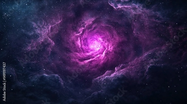 Fototapeta Vibrant purple and blue nebula clouds swirl around a luminous core in a distant galaxy, creating a breathtaking cosmic scene