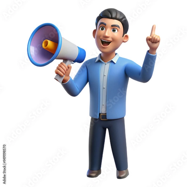 Obraz Man with a megaphone, symbolizing announcement or spreading information. Plastic 3D rendering