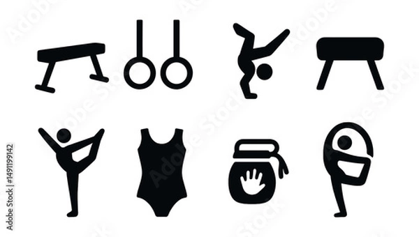 Obraz Solid style icons of gymnastics and movement: balance beam, rings icon, tumbling pose, vault horse, floor routine, gym leotard, chalk bag, flexible motion.