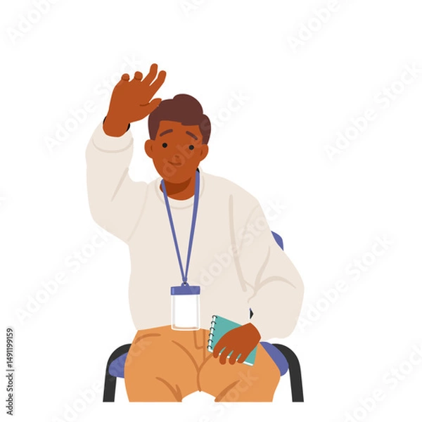Obraz Boy student cartoon characters sitting with raised hand at career guidance seminar isolated on white