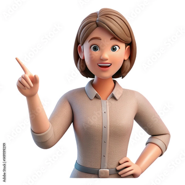 Obraz woman points to the side, symbolizing guidance or attention. Plastic 3D rendering