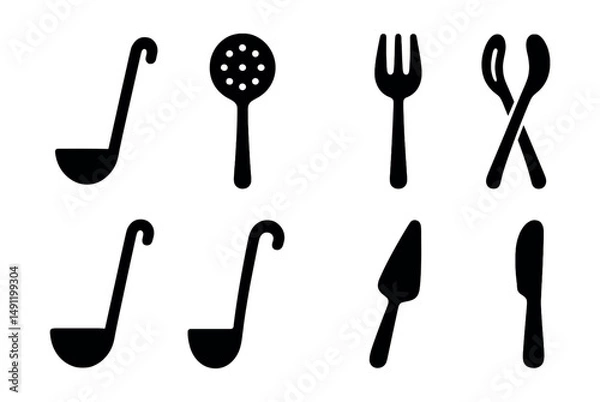 Obraz Solid style icons of serving tools: ladle, slotted spoon, serving fork, salad tongs, cake server, soup ladle, gravy spoon, butter spreader.