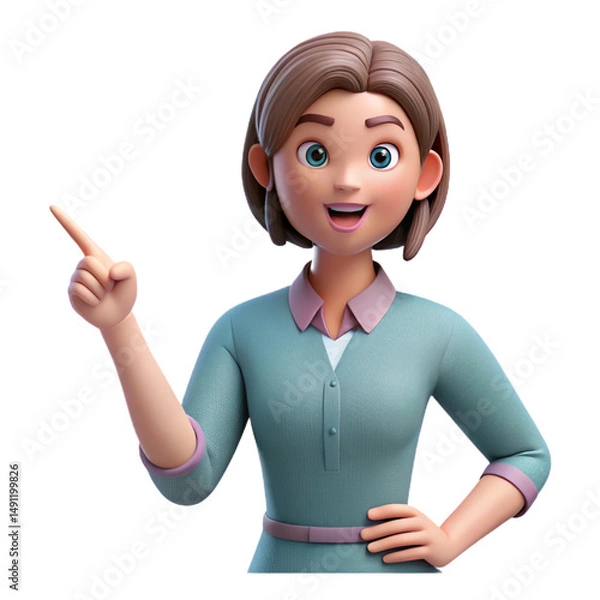 Obraz woman points to the side, symbolizing guidance or attention. Plastic 3D rendering