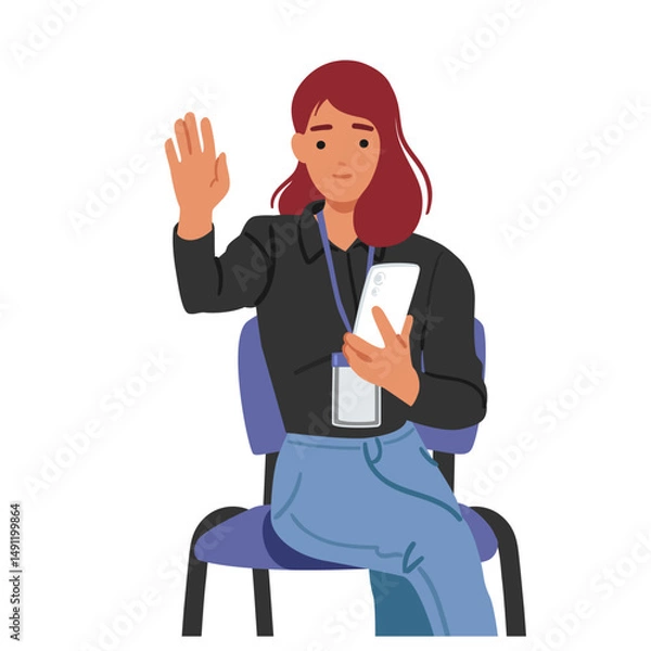 Obraz Young woman journalist cartoon character with raised hand on press-conference isolated on white