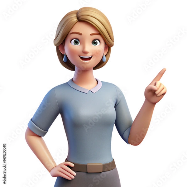Obraz woman points to the side, symbolizing guidance or attention. Plastic 3D rendering