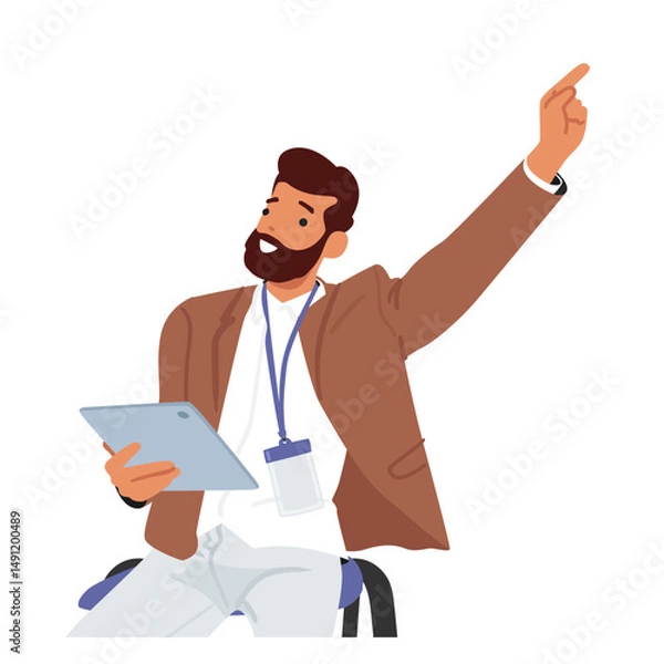 Obraz Young bearded businessman cartoon character answering question pointing with raised hand aside