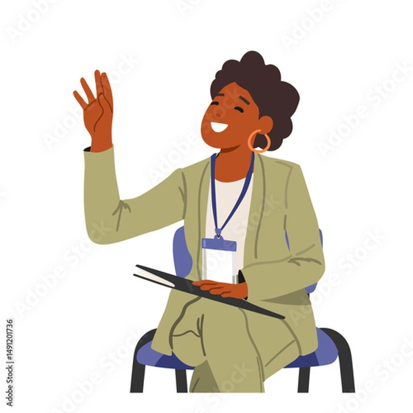 Obraz Elegant businesswoman cartoon character gesturing with raised hand asking question isolated on white