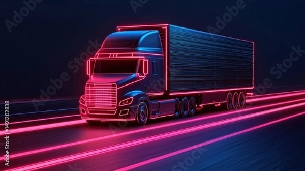 Fototapeta Futuristic self-driving freight vehicle driving on a smart road with embedded ai sensors, showcasing advanced technology and innovation
