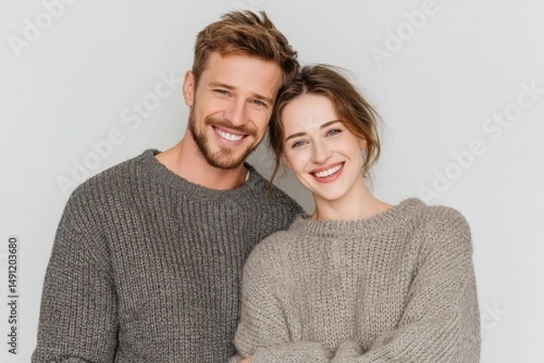 Obraz Happy couple in casual clothes hugging each other, white background
