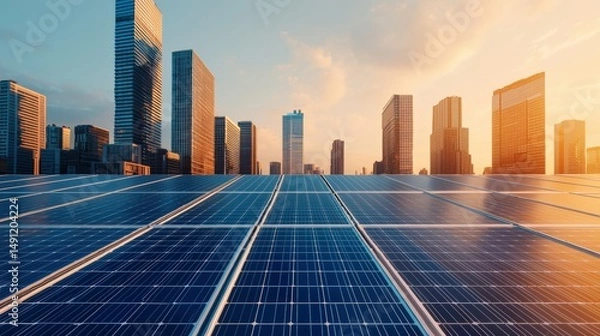 Fototapeta Rows of solar panels stretch towards a modern city skyline at sunset, symbolizing the transition to renewable energy and a sustainable future