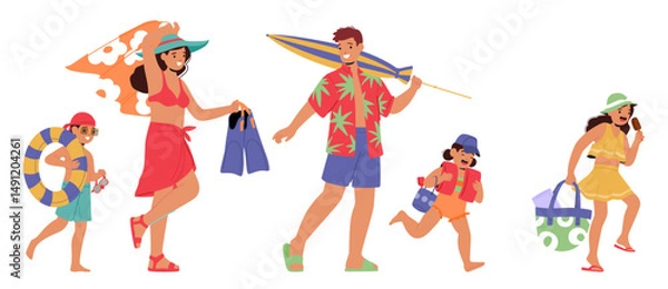 Obraz Happy family cartoon characters carrying beach accessories going at seashore to swim and having fun