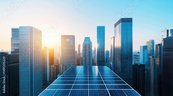 Fototapeta Solar panels are supplying sustainable energy to a futuristic city at sunrise, showcasing innovative and ecological solutions