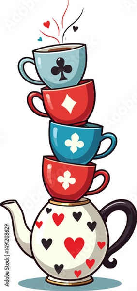 Obraz Whimsical tea party illustration with stacked teacups and teapot drawing for kids and adults alike