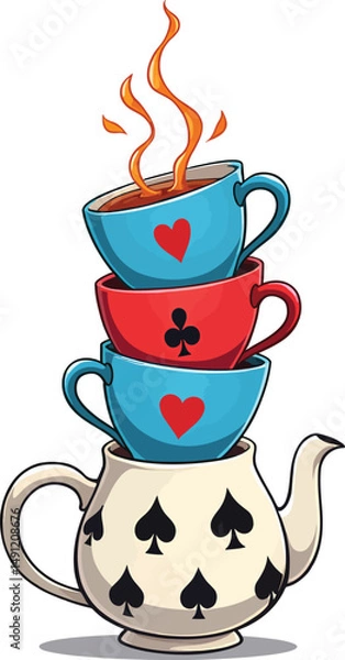 Obraz Alice in wonderland tea party illustration teapot teacups stacked whimsical drawing vector graphic design