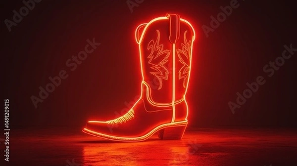 Fototapeta The Neon Cowboy Boot Sign showcases a brilliant neon cowboy boot illuminated against a dark setting, signifying the wild west, country music, nightlife, fashion, and adventure