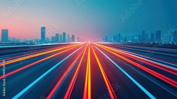 Fototapeta Light trails illuminate a futuristic highway leading into a vibrant city at dusk, showcasing innovation in urban transportation