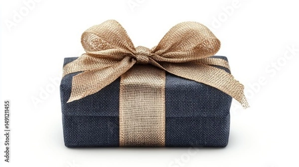 Fototapeta A sophisticated illustration of a square blue gift box tied with a gold ribbon, symbolizing celebration, generosity, surprise, appreciation, and luxury, is depicted in the Elegant Blue Gift Box with