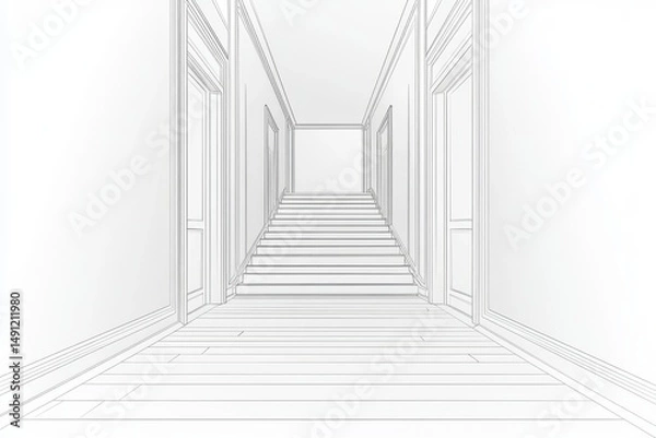 Fototapeta Architectural sketch of an interior staircase in black and white, featuring a minimalist design and a low-angle view of the stairs ascending upwards