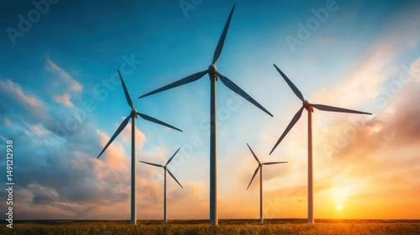 Fototapeta Wind turbines generating renewable energy in a field at sunset, symbolizing a sustainable approach to power generation and environmental conservation