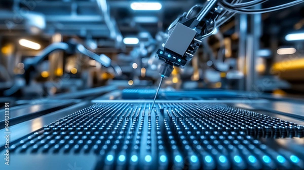 Obraz A robotic arm assembles microchips on a circuit board in a high-tech manufacturing facility.