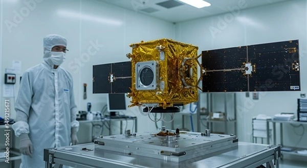 Fototapeta Satellite Being Assembled by Scientist in Clean Room