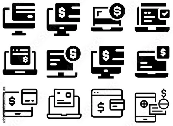 Fototapeta Online Payment Icon Set – Digital Transaction & E-Payment Vector:
A versatile set of online payment icons, perfect for illustrating digital transactions, e-payments, and secure finance solutions.